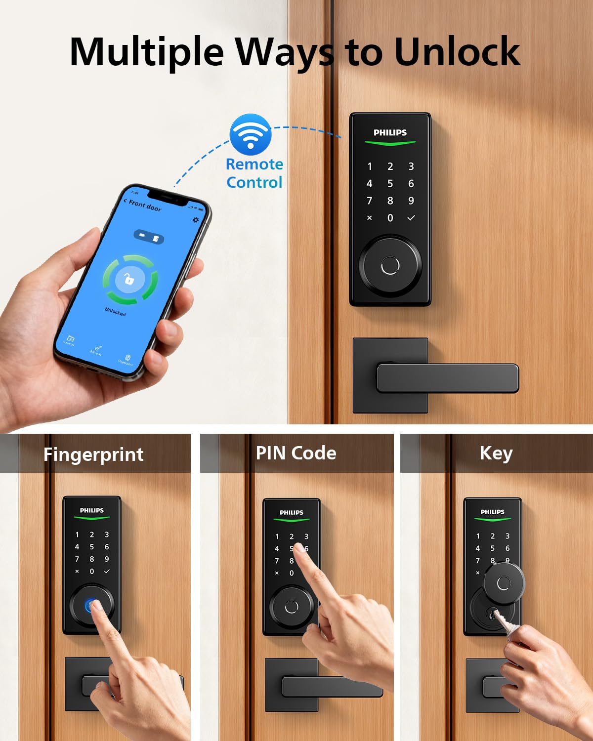 Philips smart lock fingerprint recognition close-up enabling fast access.