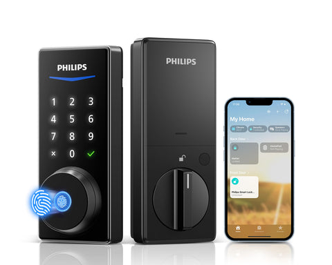Philips Smart Lock on a front door with touchscreen for quick entry.