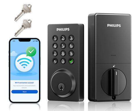 Philips Smart Lock front view showing sleek, secure exterior on the main entry.