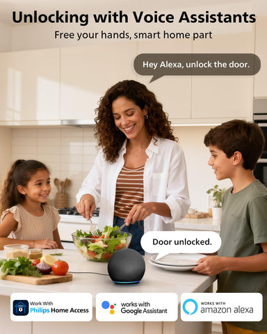 Philips Smart Lock voice control with Alexa/Google Assistant for hands-free entry.