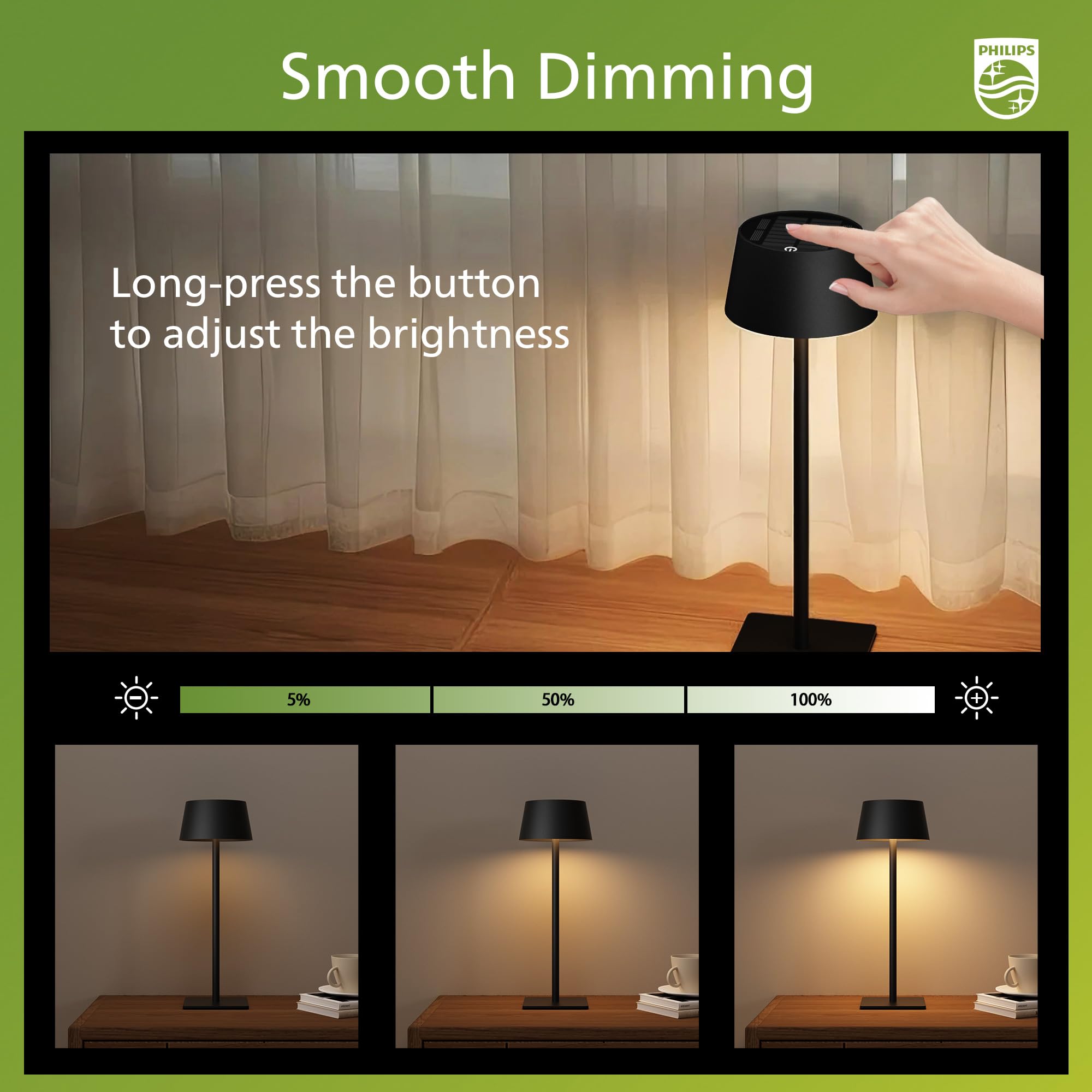 Philips Solar Outdoor Table Lamp touch control dial with smooth dimming