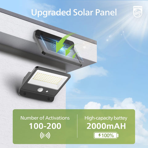 Philips Solar Security Light's battery and panel enable quick charging and extended use.