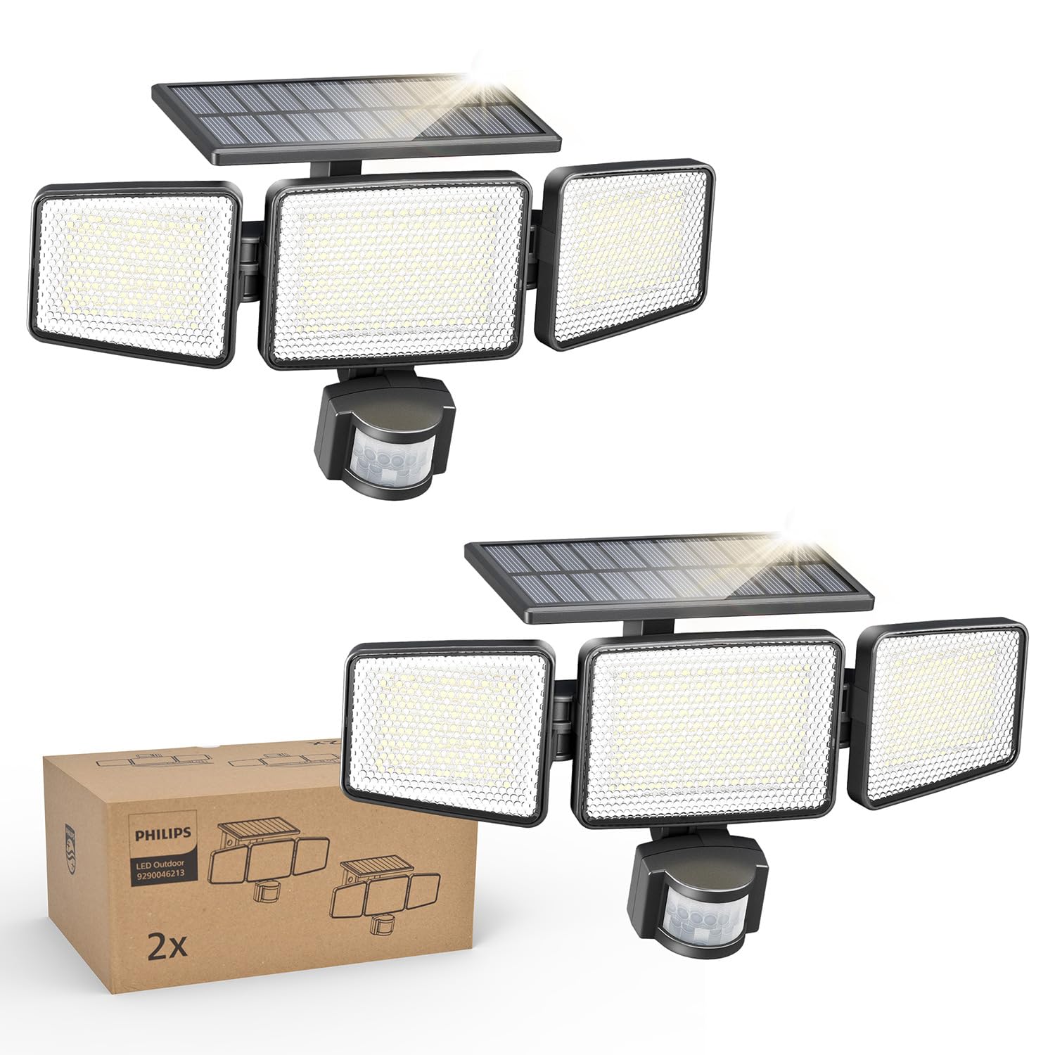 Philips solar security light three-heads angled for broad outdoor illumination.