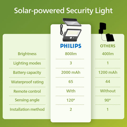 Philips Solar Security Light in garden illuminates pathways and improves security.