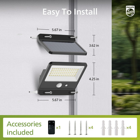 Philips Solar Security Light installed on wall showcases IP65 weatherproof durability.