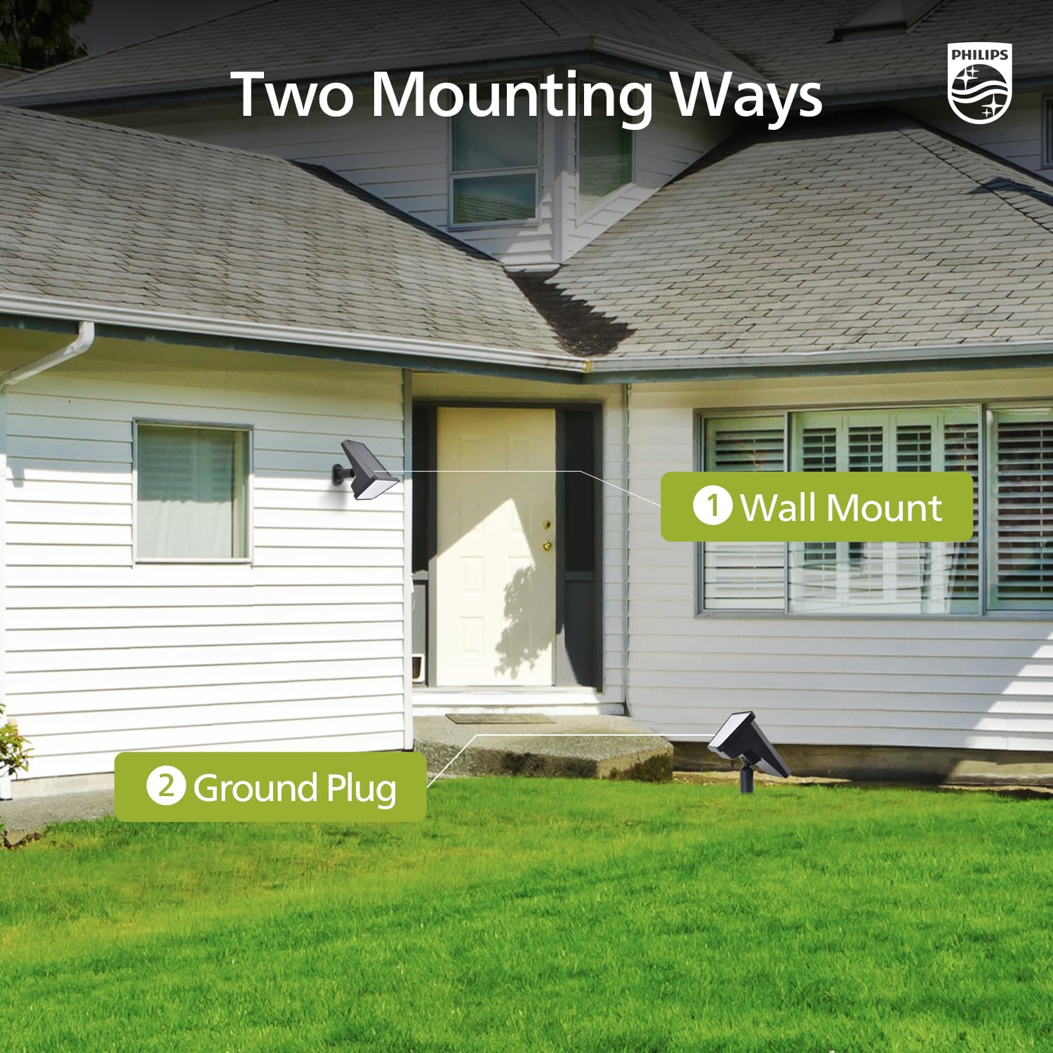 Driveway entry Philips solar spot light improves curb appeal and night visibility.