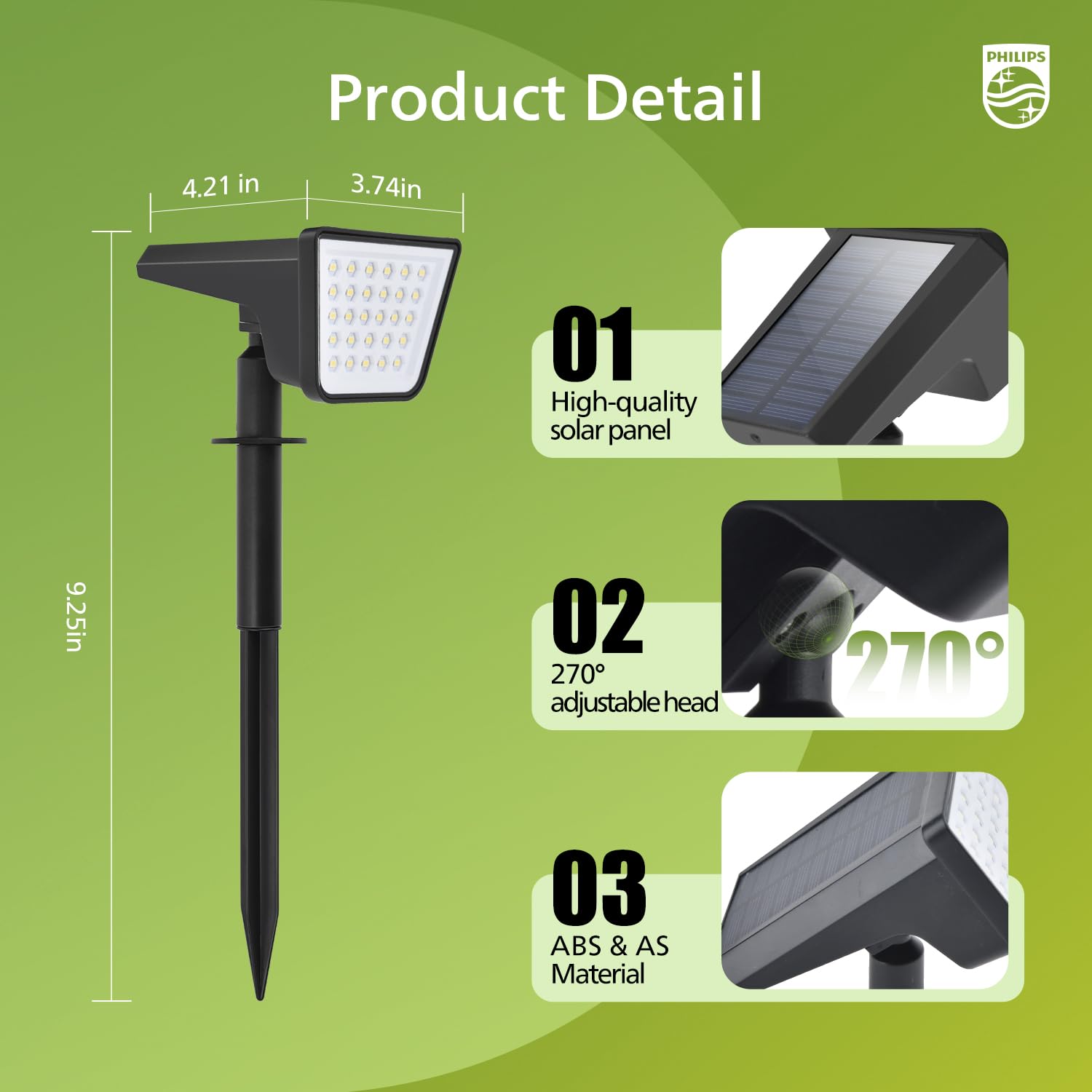 Philips solar spot light in dusk-to-dawn mode automatically lights pathways at night.