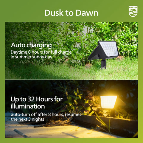 Garden-path-lit setup by Philips solar spot lights enhances nighttime ambience and safety.