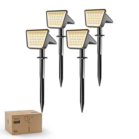 Philips solar spot light four-pack illuminates outdoor space with weatherproof durability and energy savings.