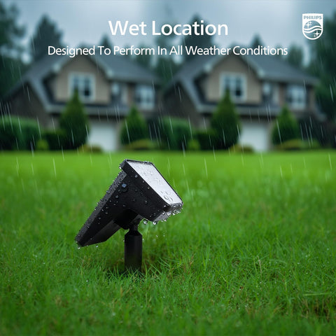 Weatherproof testing of Philips solar spot lights demonstrates resilience in sun and rain.