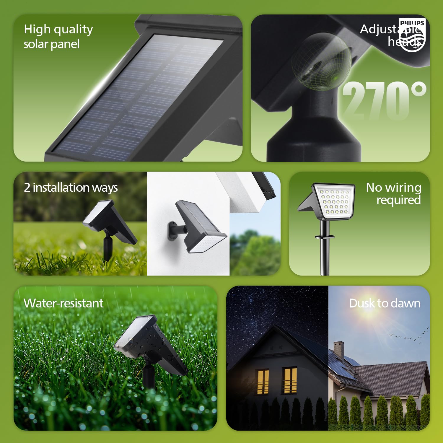 Philips solar spot lights dusk-to-dawn operation demonstrates hands-free garden lighting.