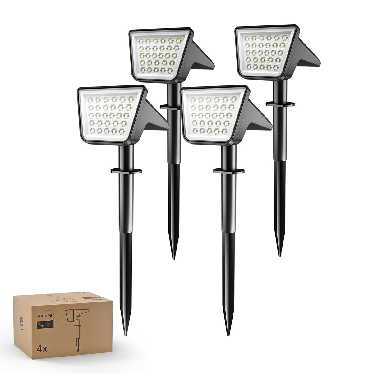Philips solar spot lights outdoor packaging demonstrates easy, energy-saving pathway lighting.
