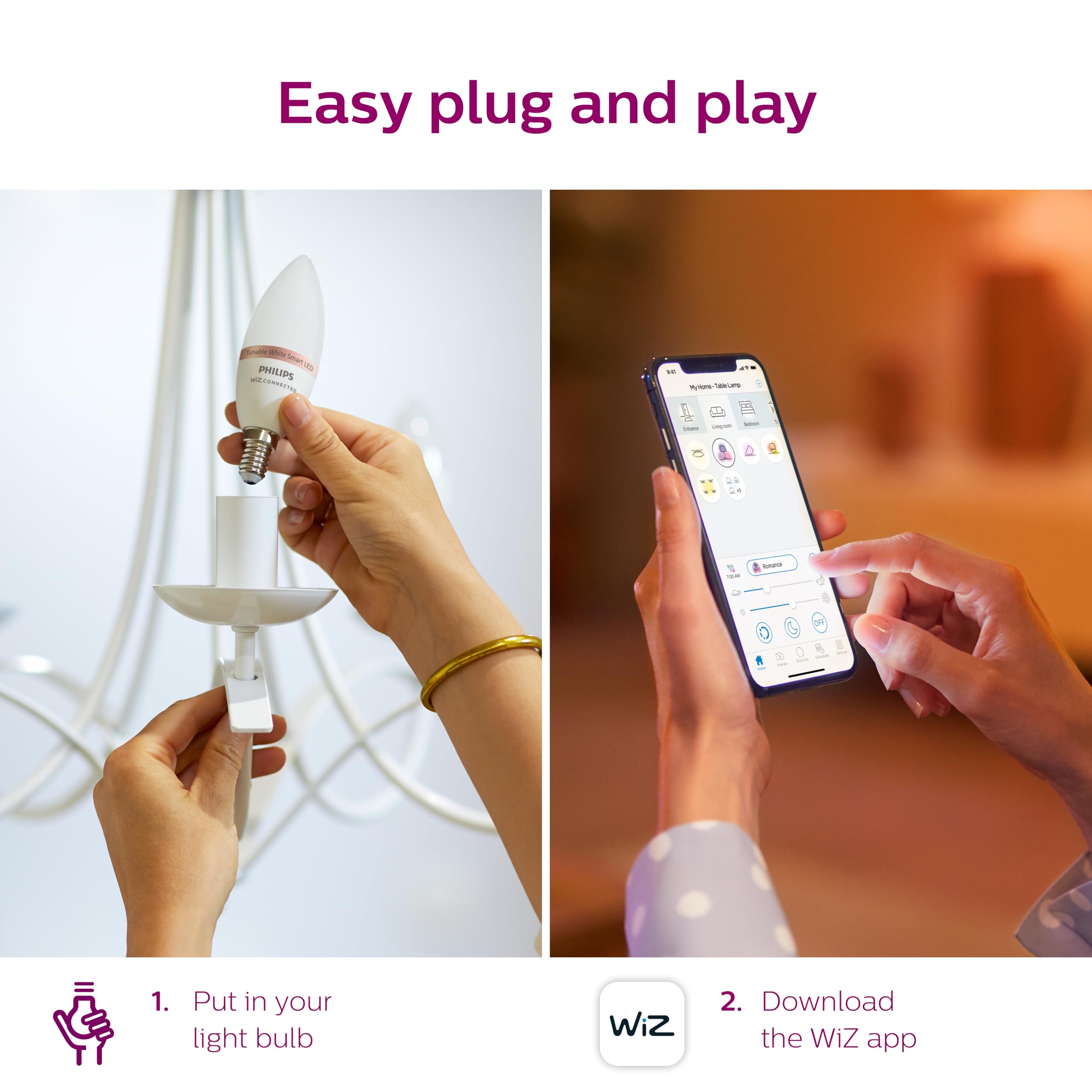 Philips Smart lighting with voice control via Google Assistant, Alexa, or Siri Shortcuts.