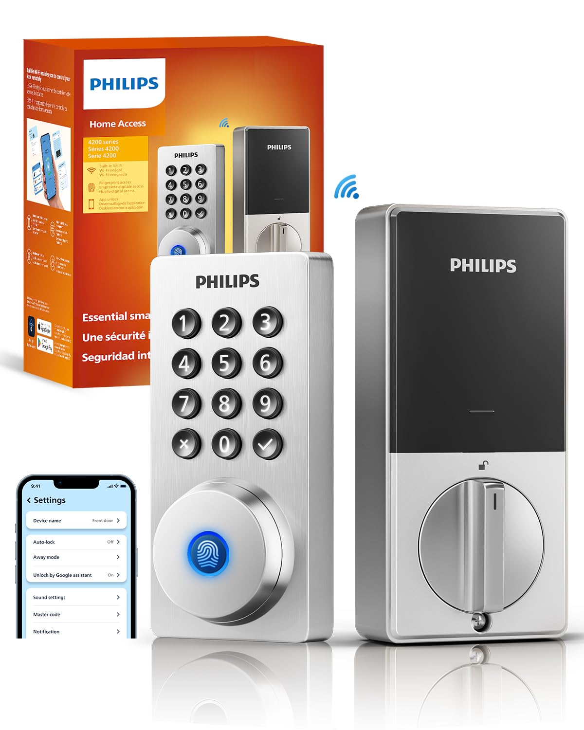 Philips Wi-Fi Door Lock on the front door with fingerprint sensor for quick access.