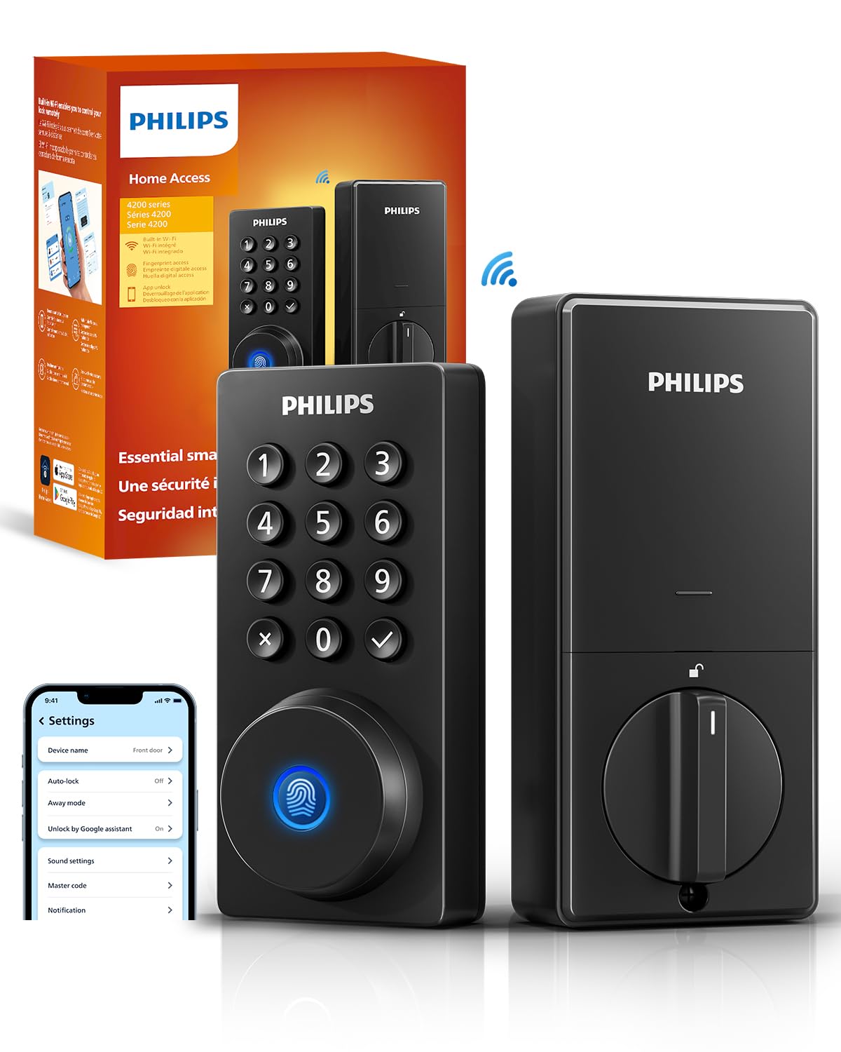 Philips Wi‑Fi door lock front view showing easy, smartphone remote access.