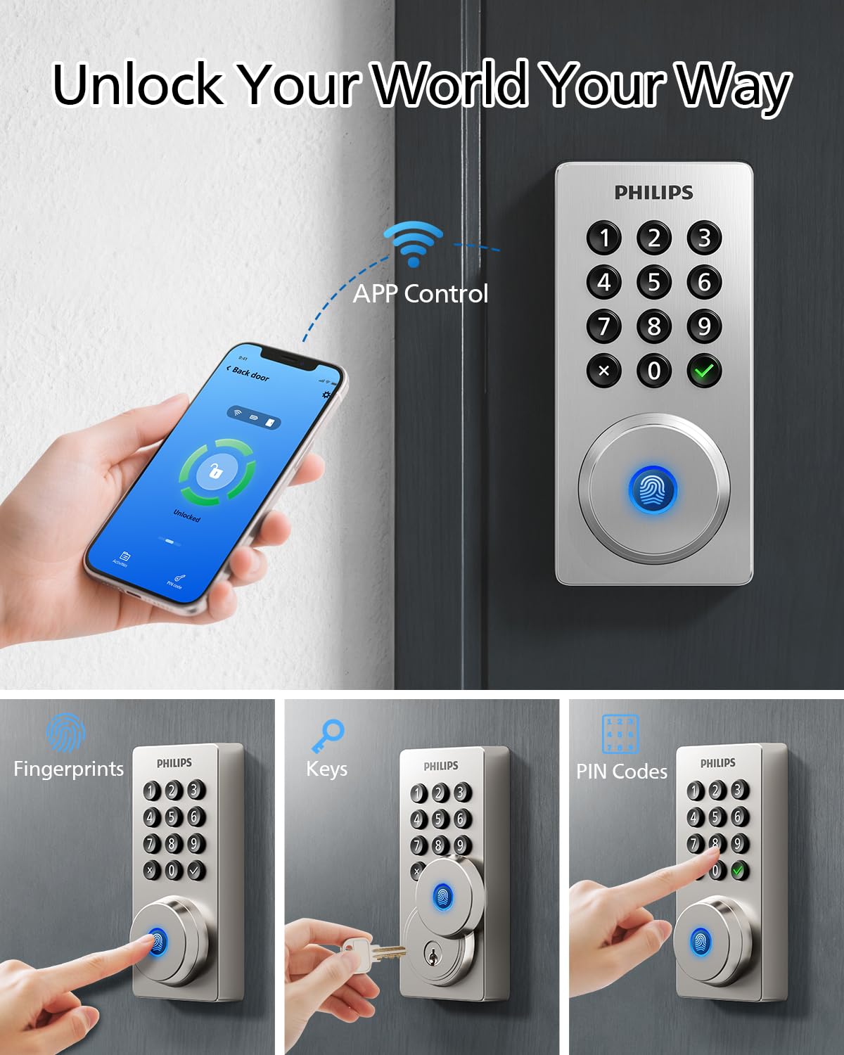 Philips Wi-Fi Door Lock with passcode entry enables shared, convenient access.