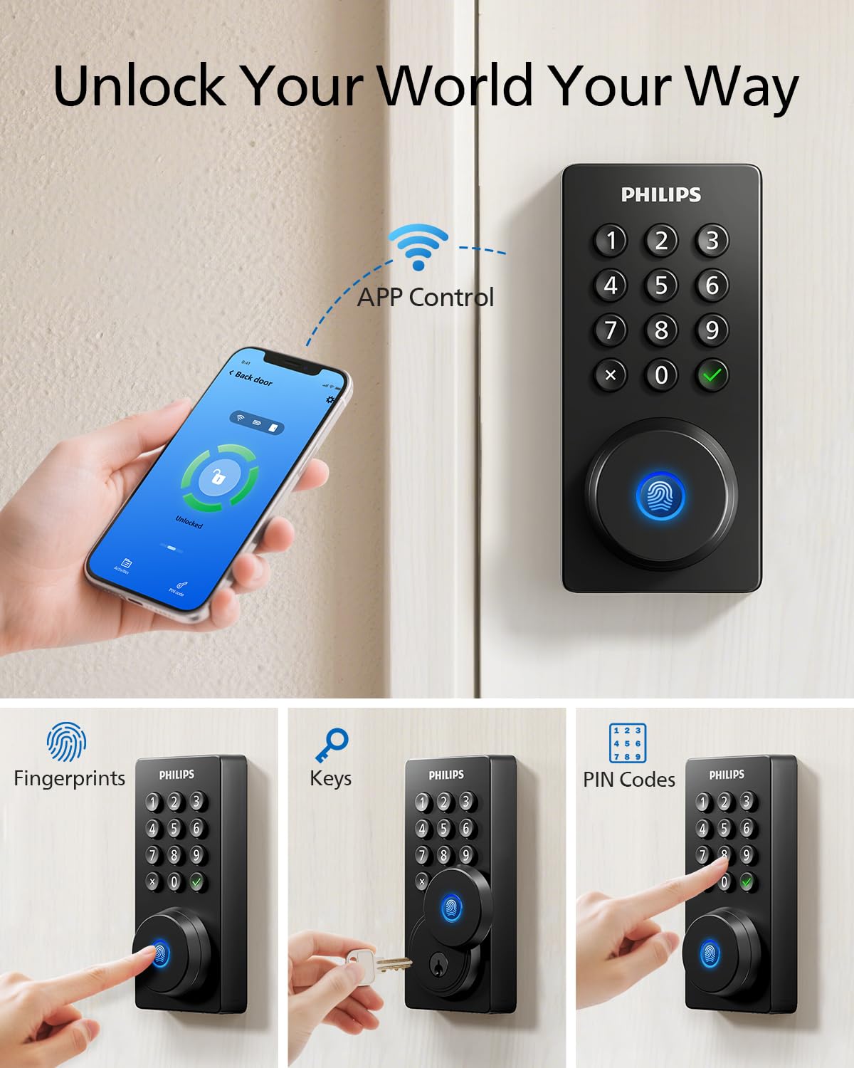 Philips Wi‑Fi lock app control highlights quick setup and multi-user access.