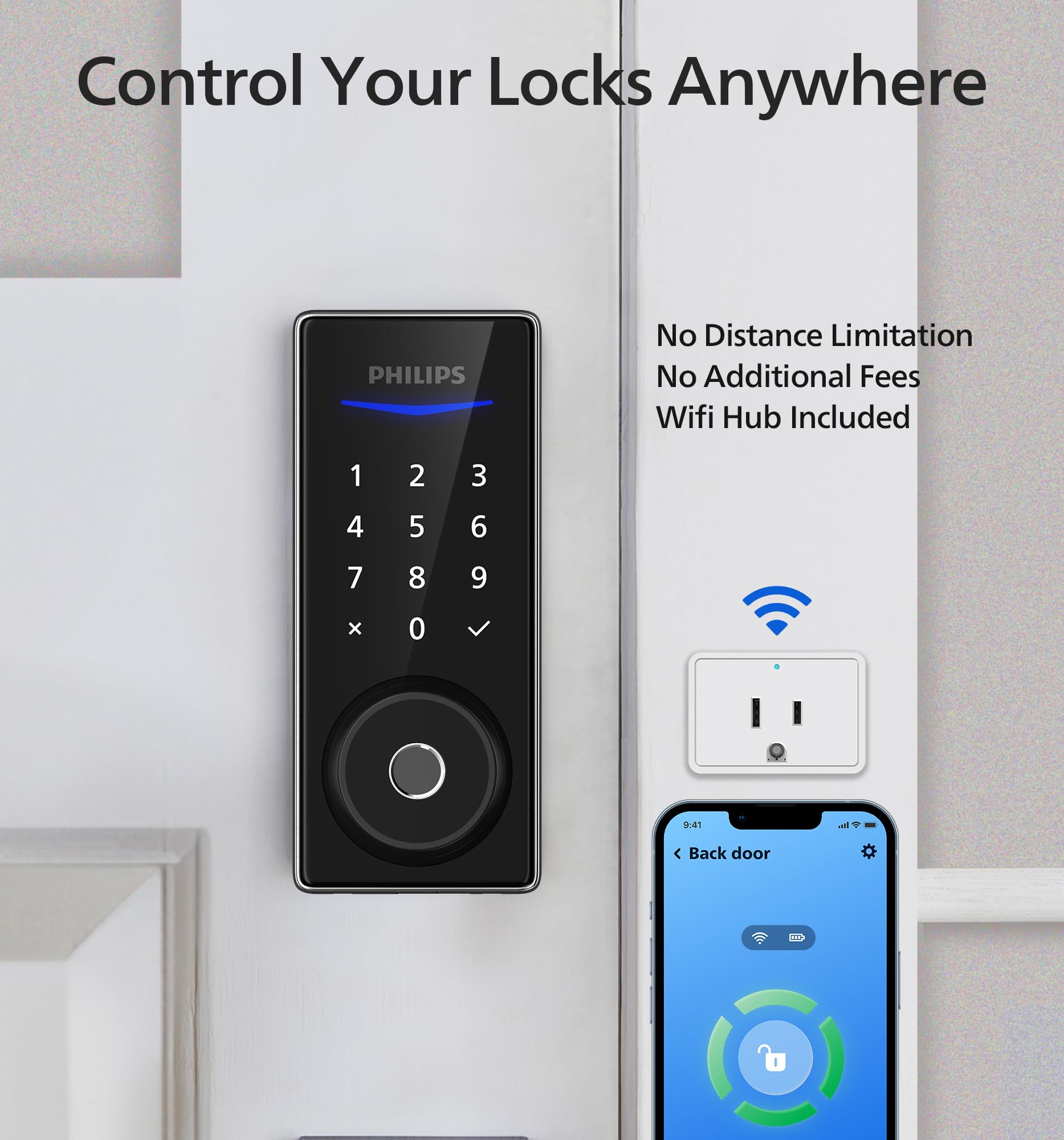 Philips Wi‑Fi Smart Door Lock fingerprint scan close-up enabling quick biometric access