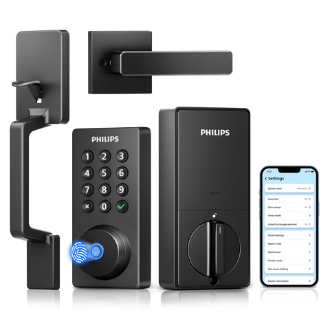Philips Wi‑Fi smart door lock on a front door offering keyless entry.