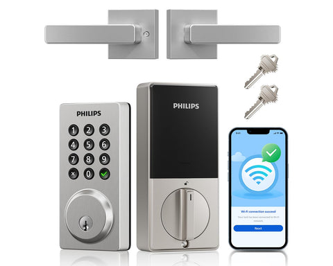 Philips WiFi smart door lock with handle design for secure entry.