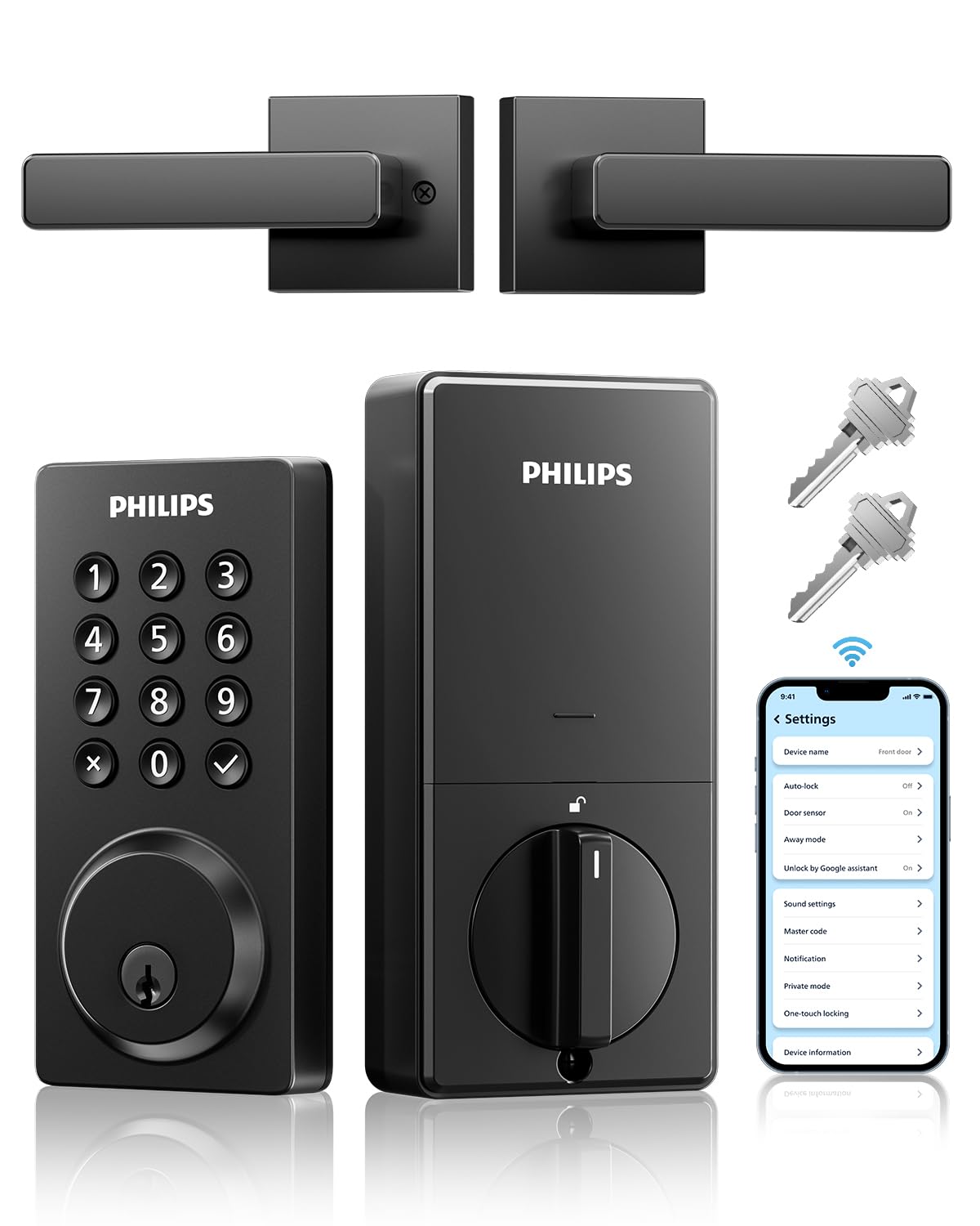 Philips WiFi smart door lock with handle, front view, ready for remote access