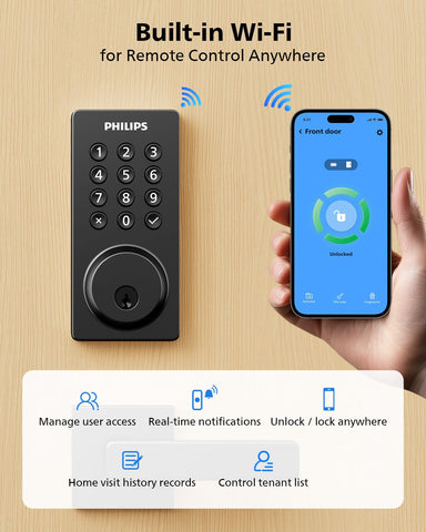 Philips WiFi smart door lock with handle, side view, secure keyless entry