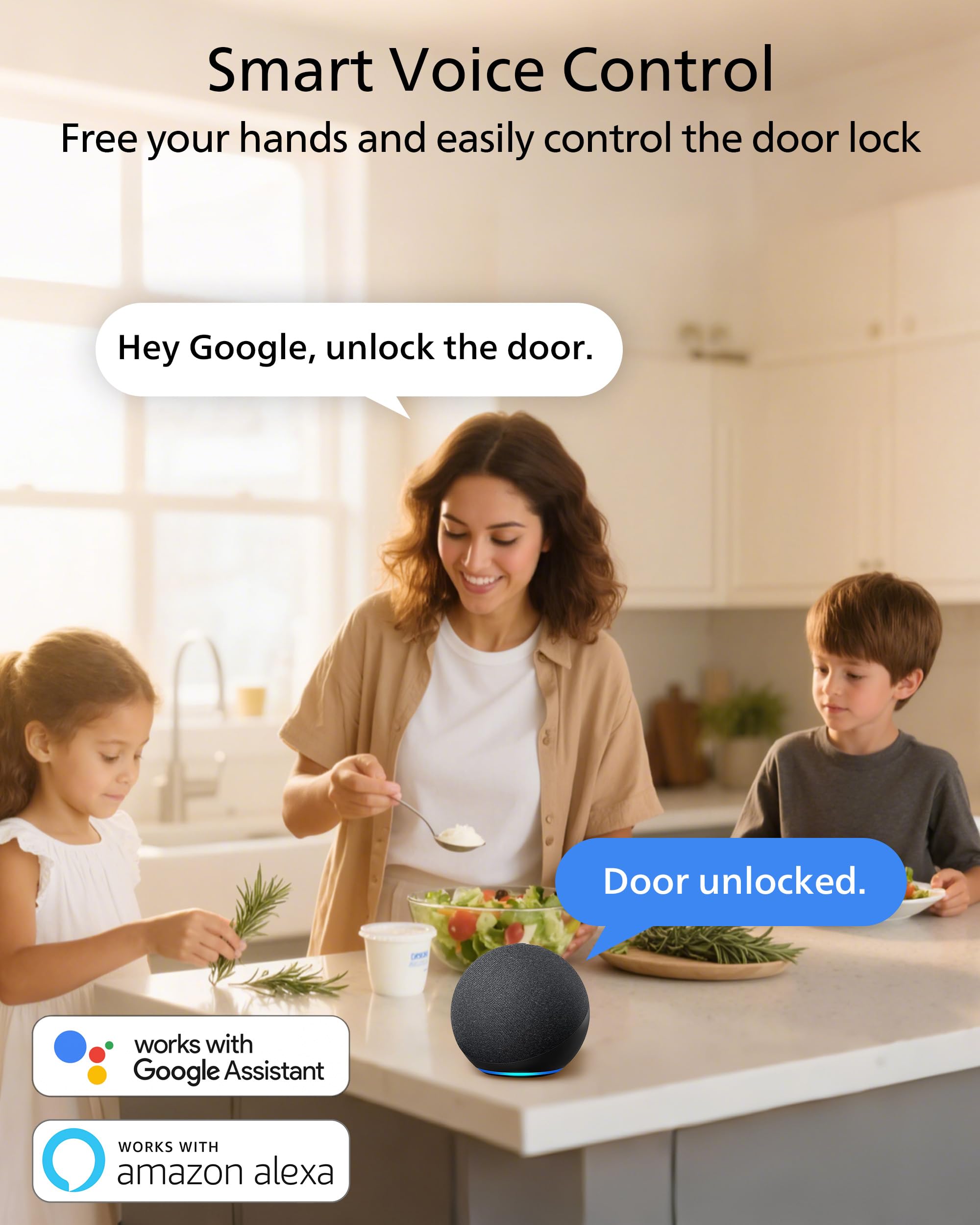 Philips lock with mechanical key backup for traditional entry.