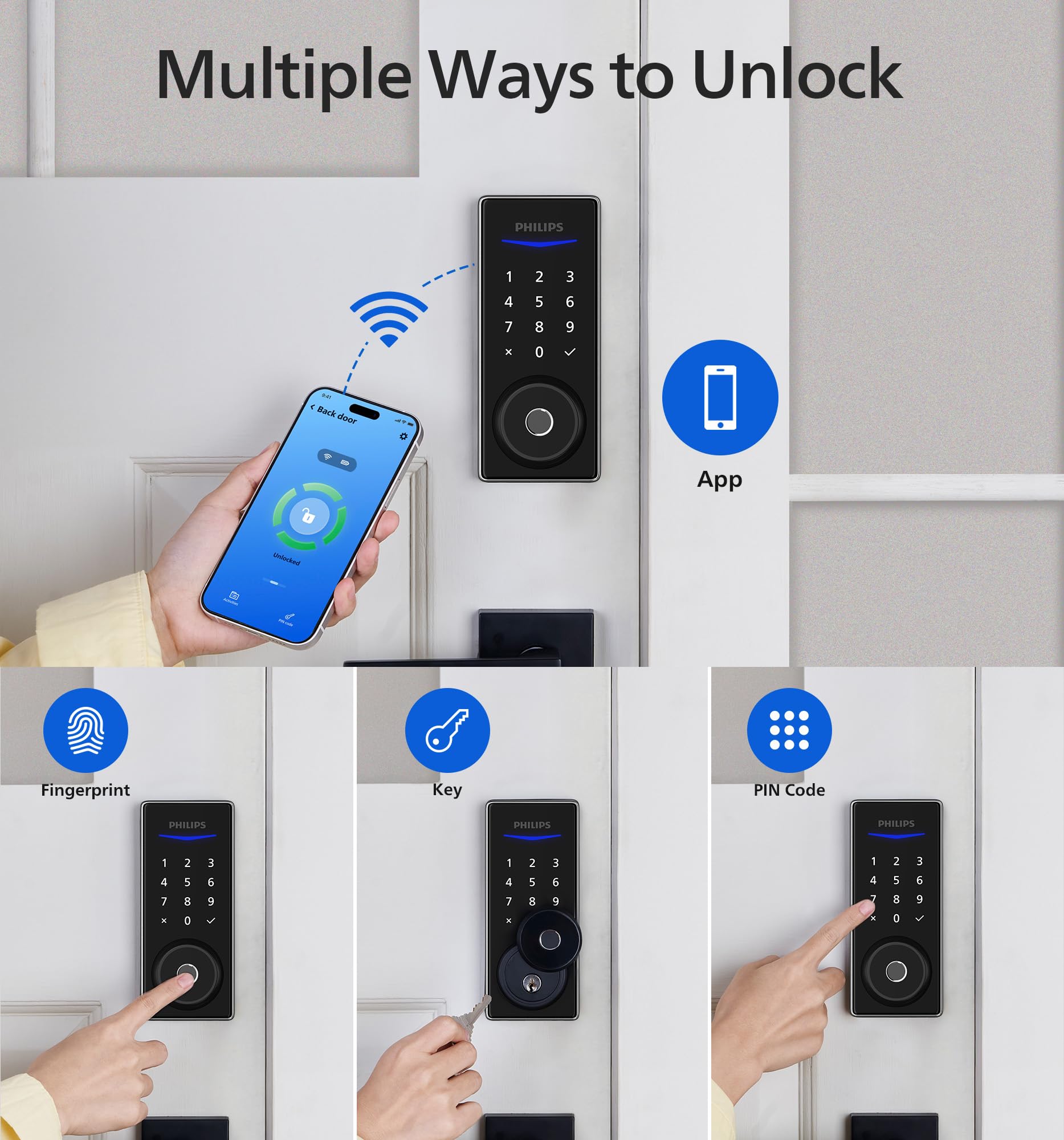 Philips Wi‑Fi Smart Door Lock side angle shows satin nickel finish for home security
