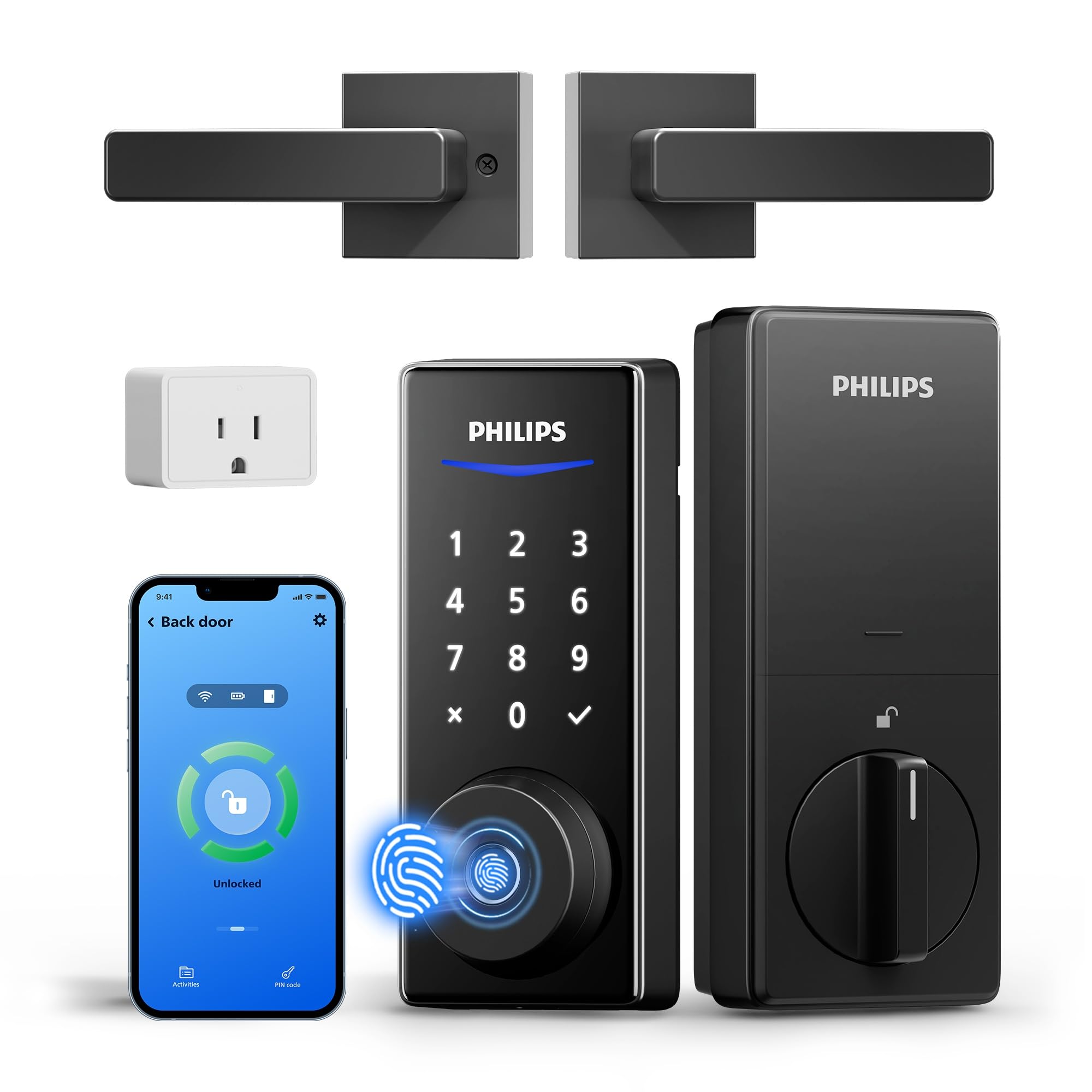 Philips WiFi smart lock with handle on front door for keyless access and remote control.