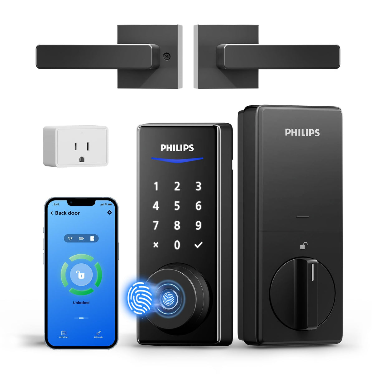 Philips WiFi smart lock with handle on front door for keyless access and remote control.