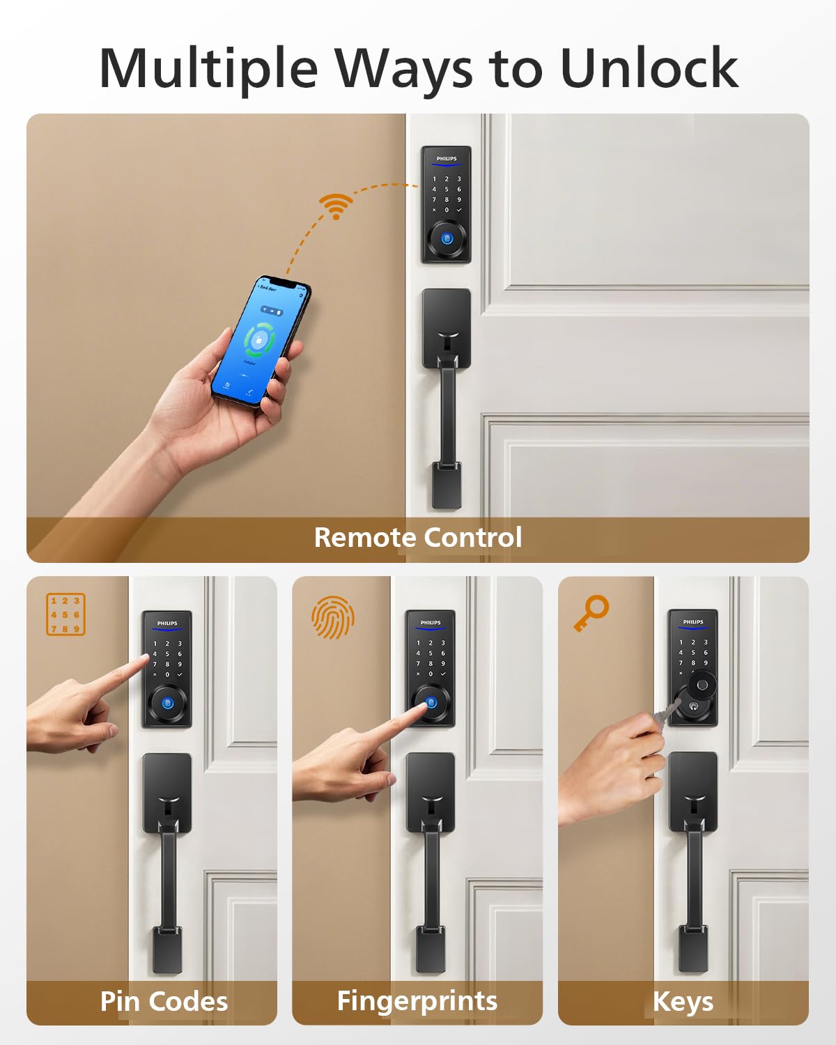 Philips Wi‑Fi Smart Lock Handle installed on a door showing coordinated design