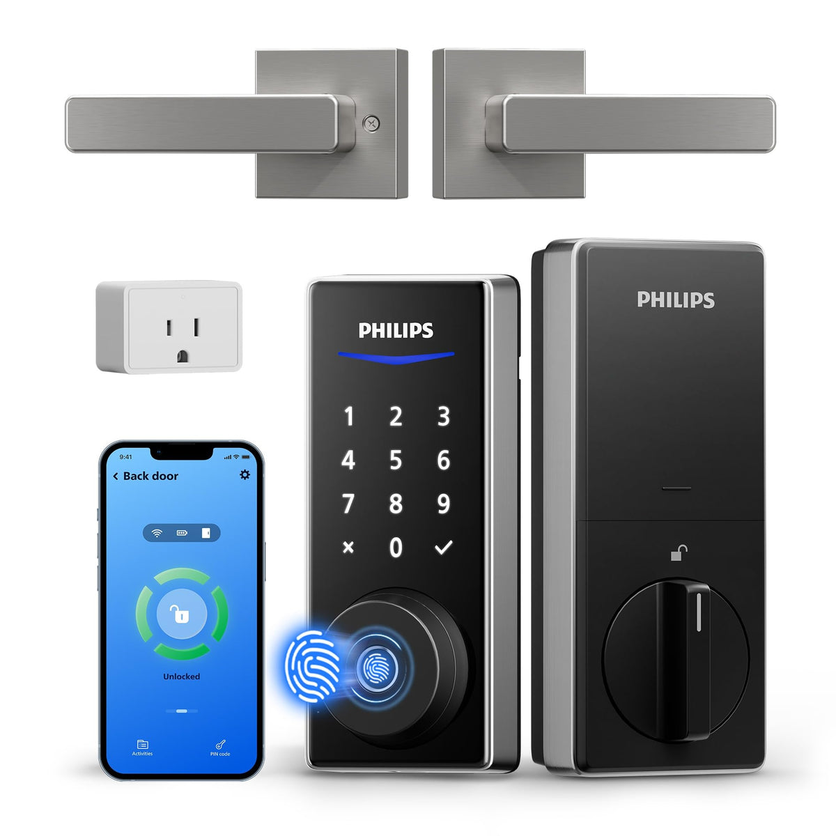 Philips WiFi Smart Lock with Handle on front door showing keyless entry and remote control.