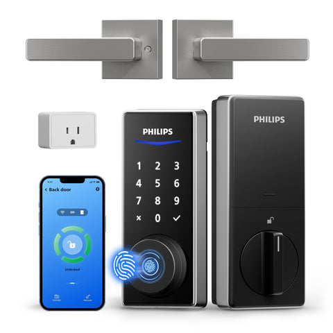 Philips WiFi Smart Lock with Handle on front door showing keyless entry and remote control.