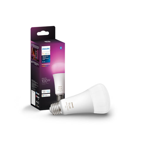 Philips Hue A21 bulb in lamp demonstrates bright 1600 lumen illumination for living rooms
