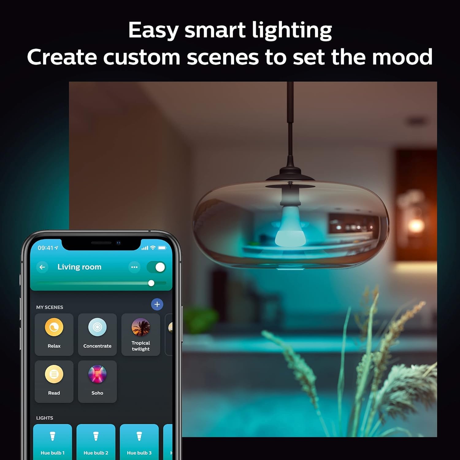 Philips Hue bulb with color scenes enables focus or relaxation lighting