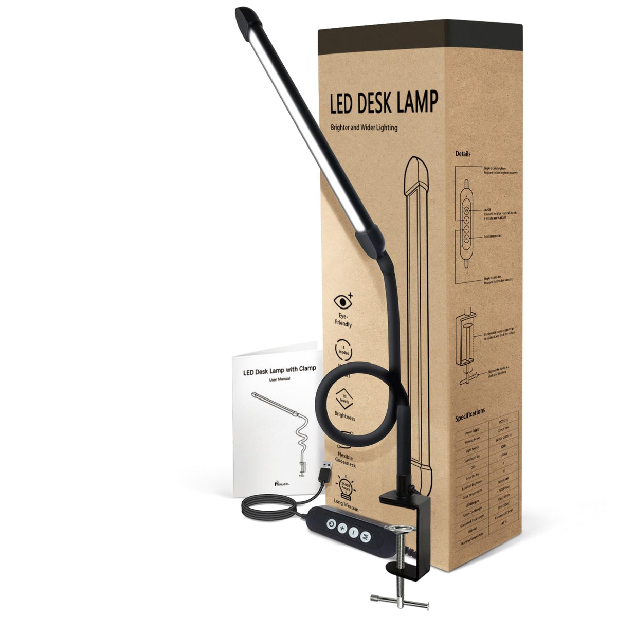 Phimuezl LED desk lamp clip-front view, space-saving clamp