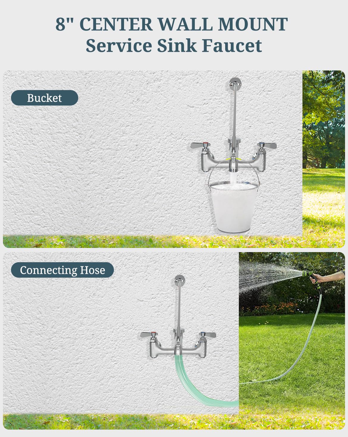 Phivan mop sink faucet showing 3/4-inch hose outlet for extended water supply.