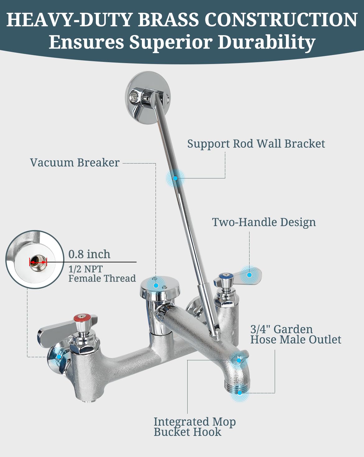Phivan mop sink faucet wall-mount with 8-inch adjustable center for versatile installation.