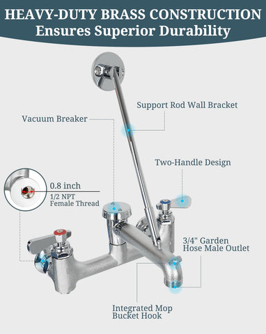 Phivan mop sink faucet wall-mount with 8-inch adjustable center for versatile installation.