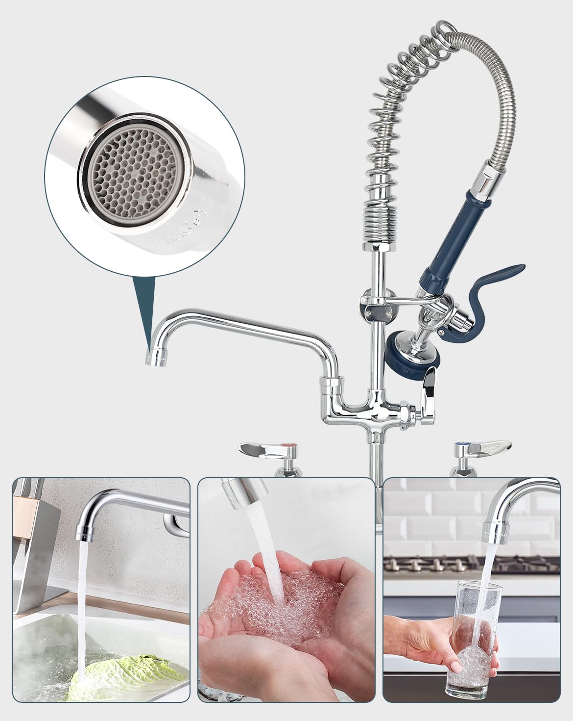 Phivan commercial faucet spout supports wall and deck mounted setups.