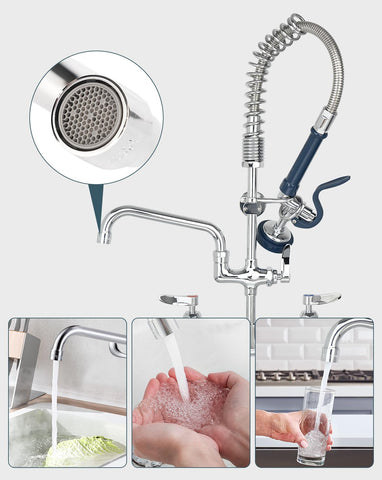 Phivan commercial faucet spout supports wall and deck mounted setups.