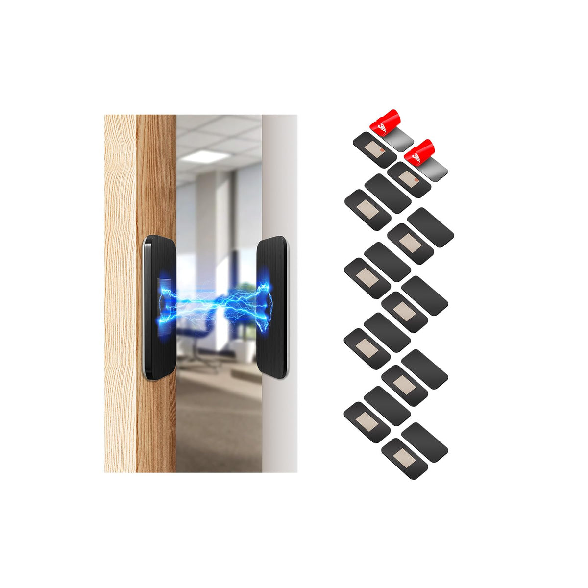 PHIXBEAR 10 pack black magnetic door catch on a slim cabinet door for secure closure.