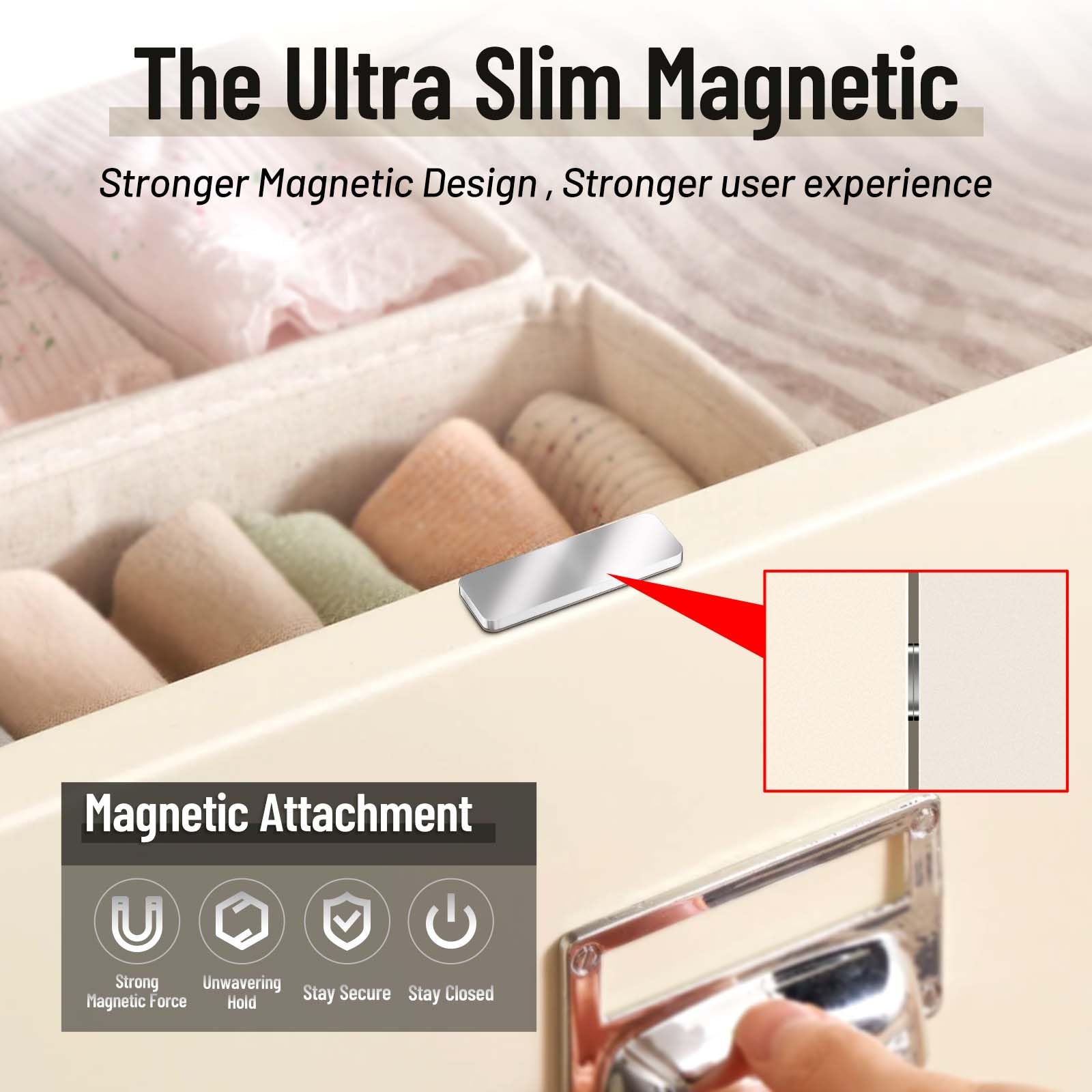 PHIXBEAR adhesive magnetic latch demonstrating easy installation on a kitchen cabinet