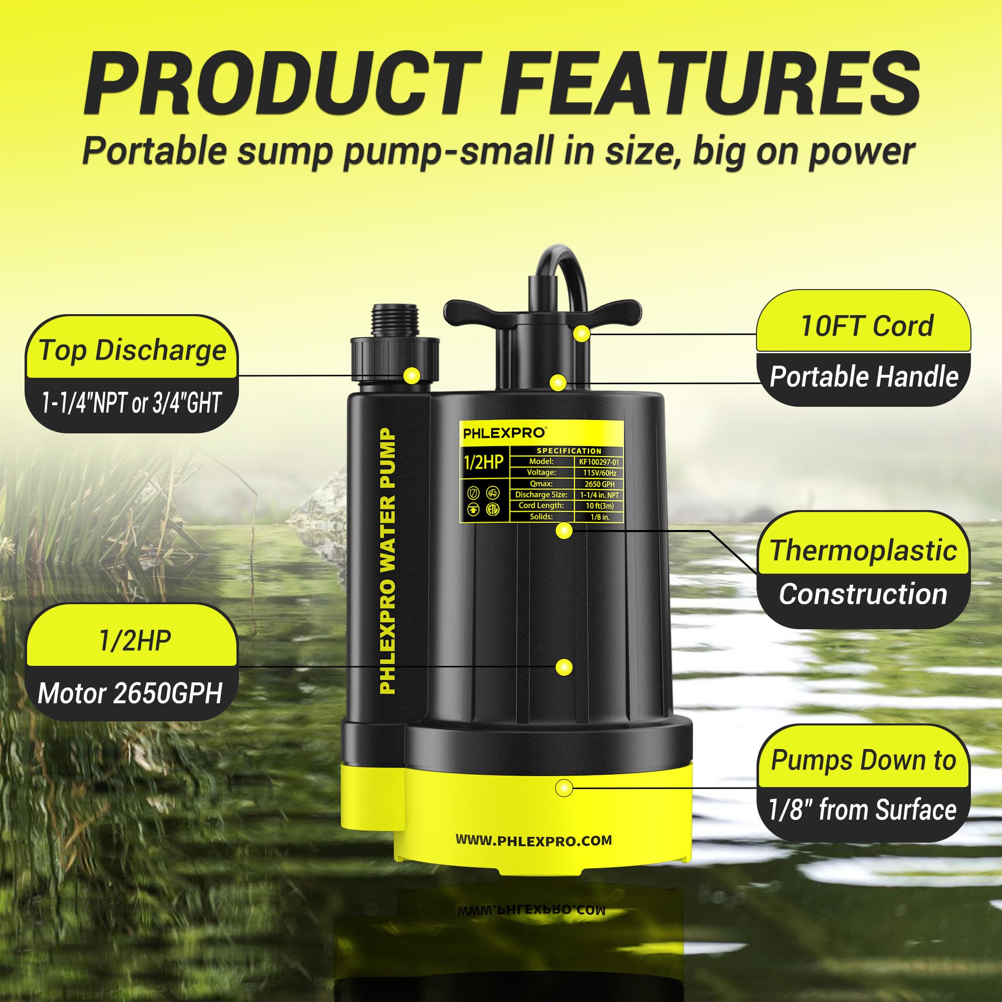 PHLEX PRO removable screen keeps debris from entering the pump.