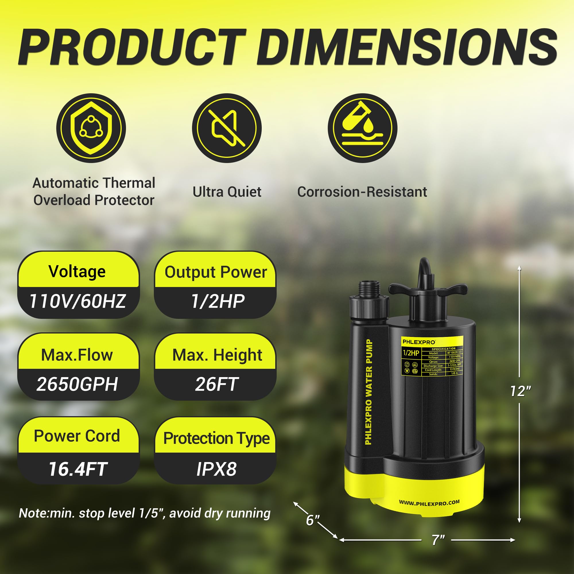 PHLEX PRO sump pump with half-horsepower motor for steady operation