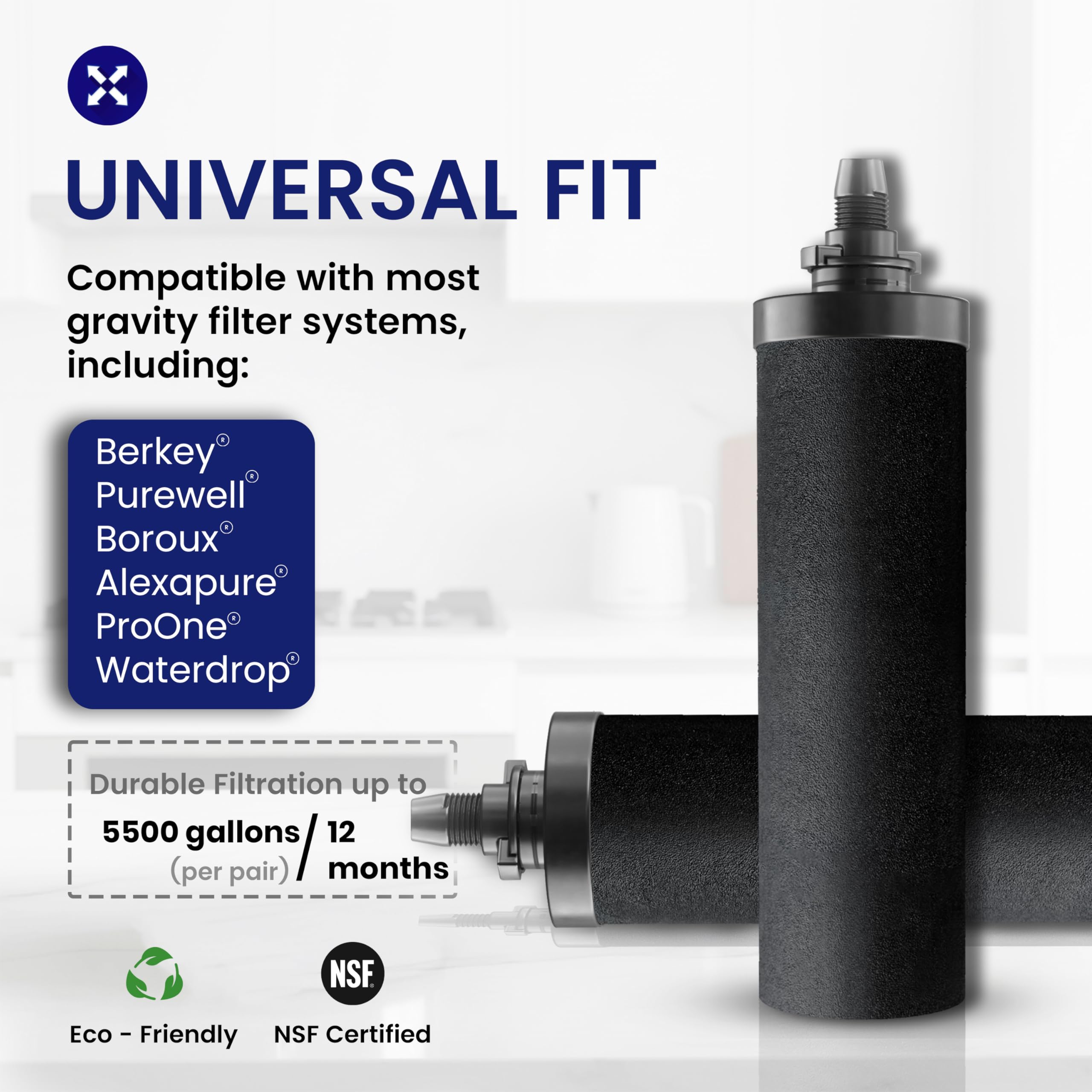 Close-up of Phoenix Gravity PF-4 carbon filter showing coconut shell carbon for clean drinking water.