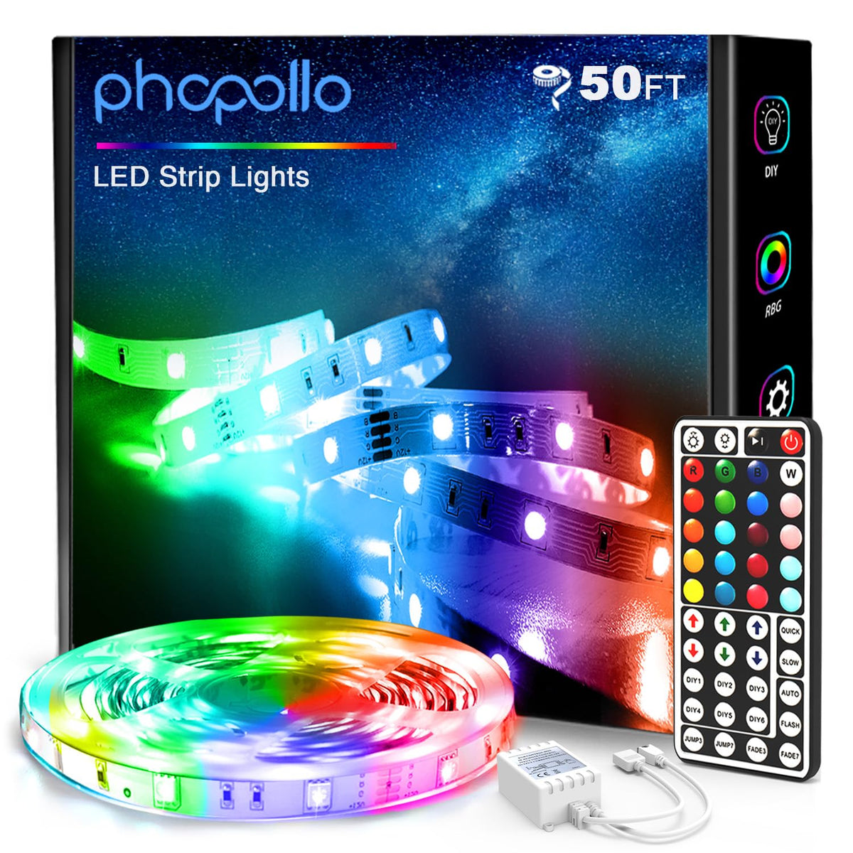 Phopollo bedroom LED strip with vibrant color options.