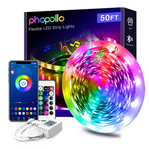 PHOPOLLO LED strip 50ft color changing for bedroom ambiance and easy setup