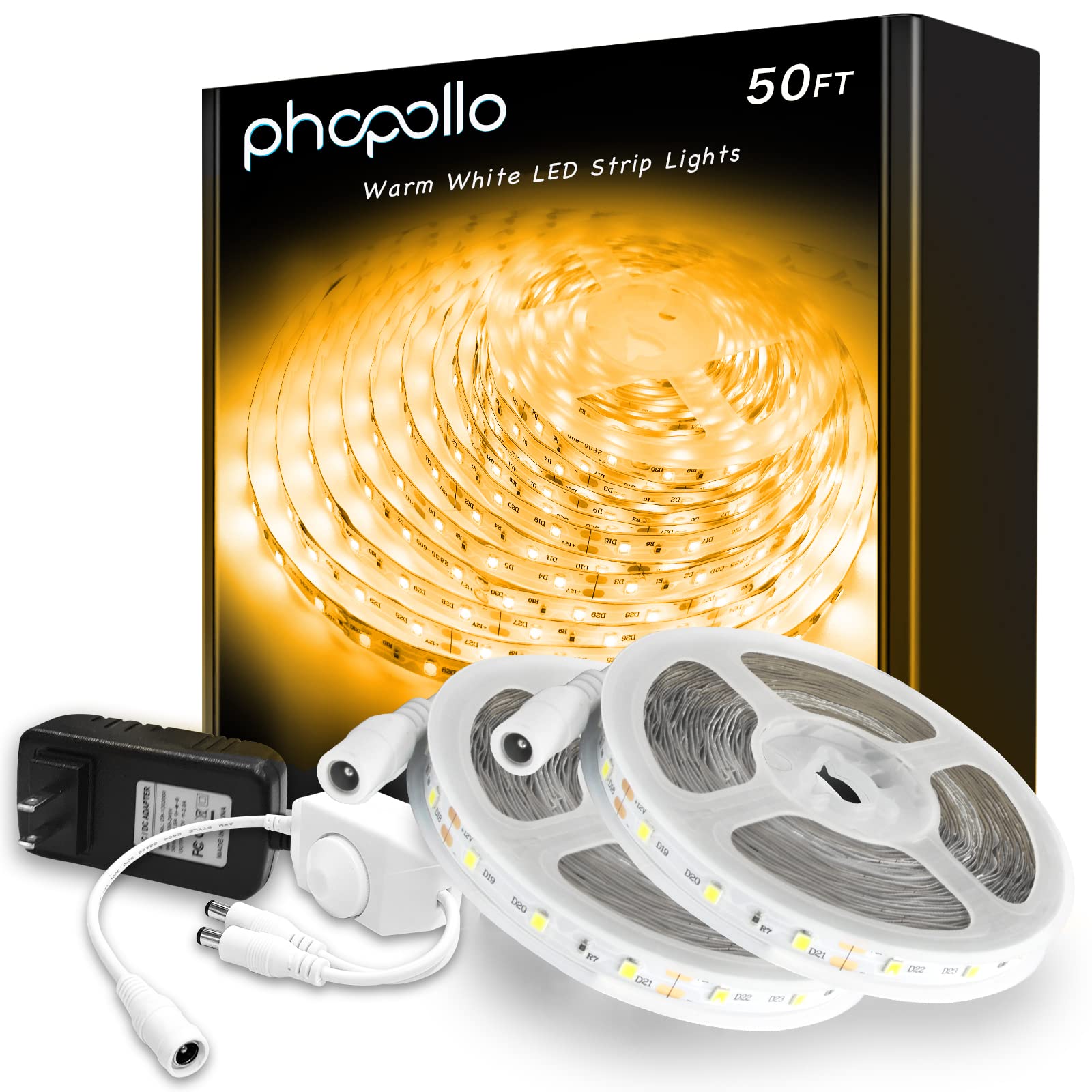 phopollo warm white LED strip lights in a 50ft setup for versatile living space ambiance