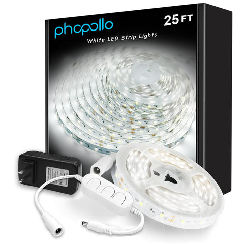 Phopollo White LED strip, 25ft long, for broad room illumination and under-cabinet lighting